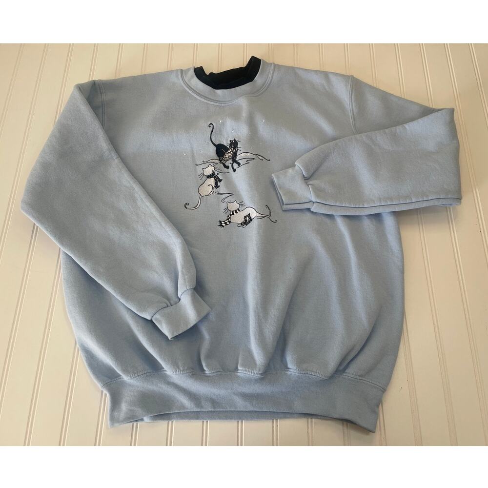 Vintage Day Breeze Embroidered Cat Kitty Playful Sweatshirt Cottage Granny Large